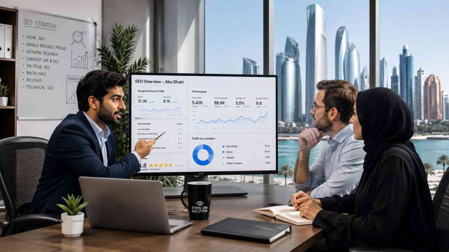 SEO consultants in a modern Abu Dhabi office present local search strategy data to international clients while reviewing Google Business Profile performance, keyword rankings, website traffic, and bil