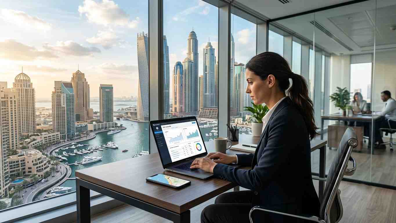 Real estate professional analysing SEO performance data on a laptop inside a Dubai Marina office overlooking the waterfront skyline.