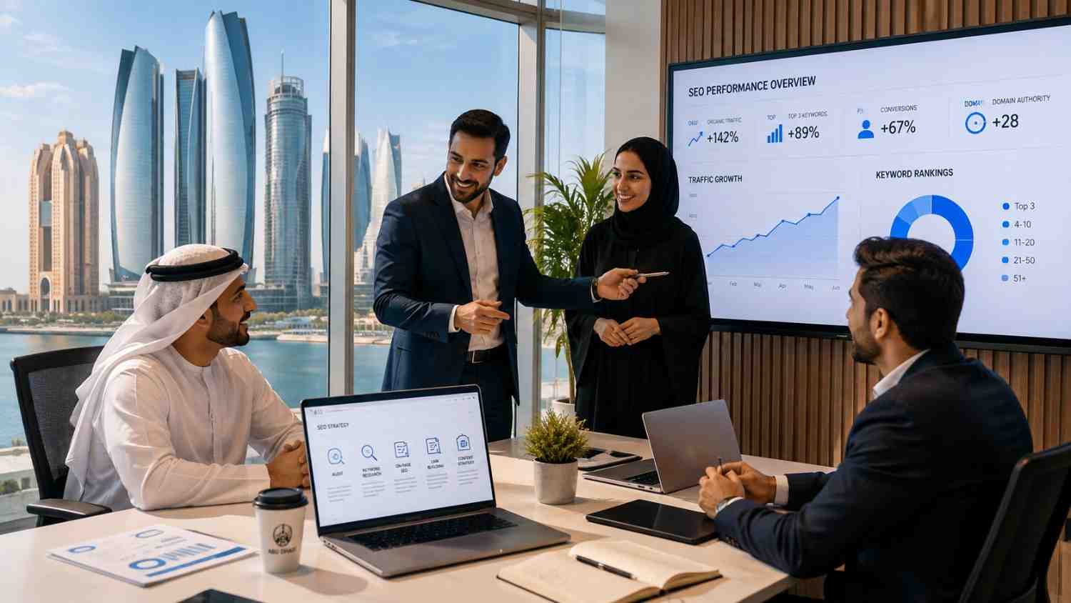 Collaborative SEO Meeting in Abu Dhabi: SEO team discussing search performance and strategy with business clients in an Abu Dhabi office.
