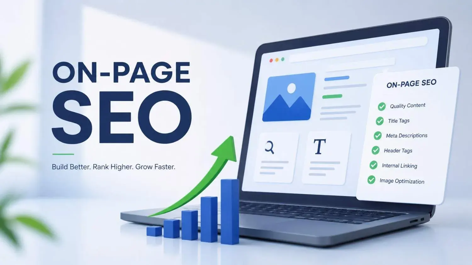 On page SEO concept showing a laptop, SEO checklist, rising growth chart, and upward arrow.