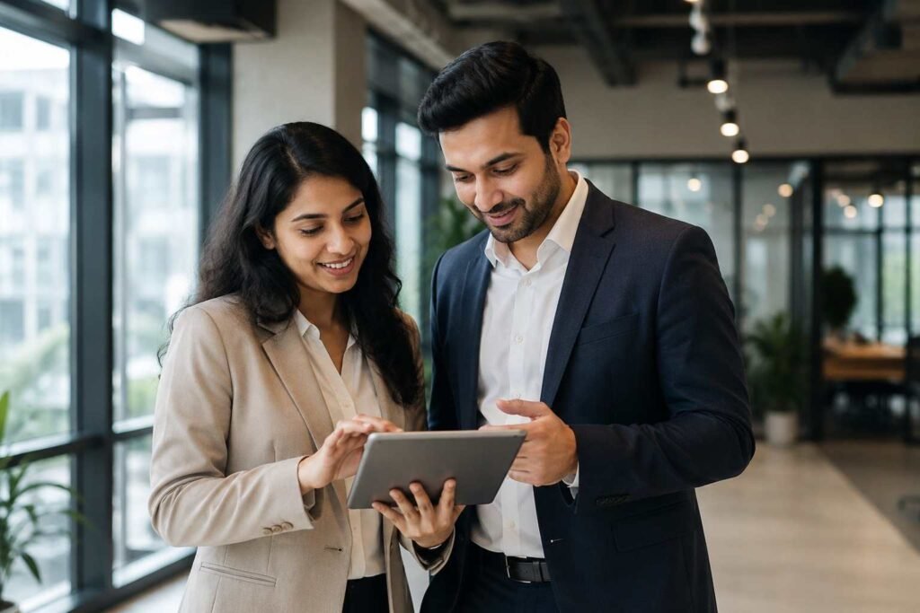 Collaborating in a modern office