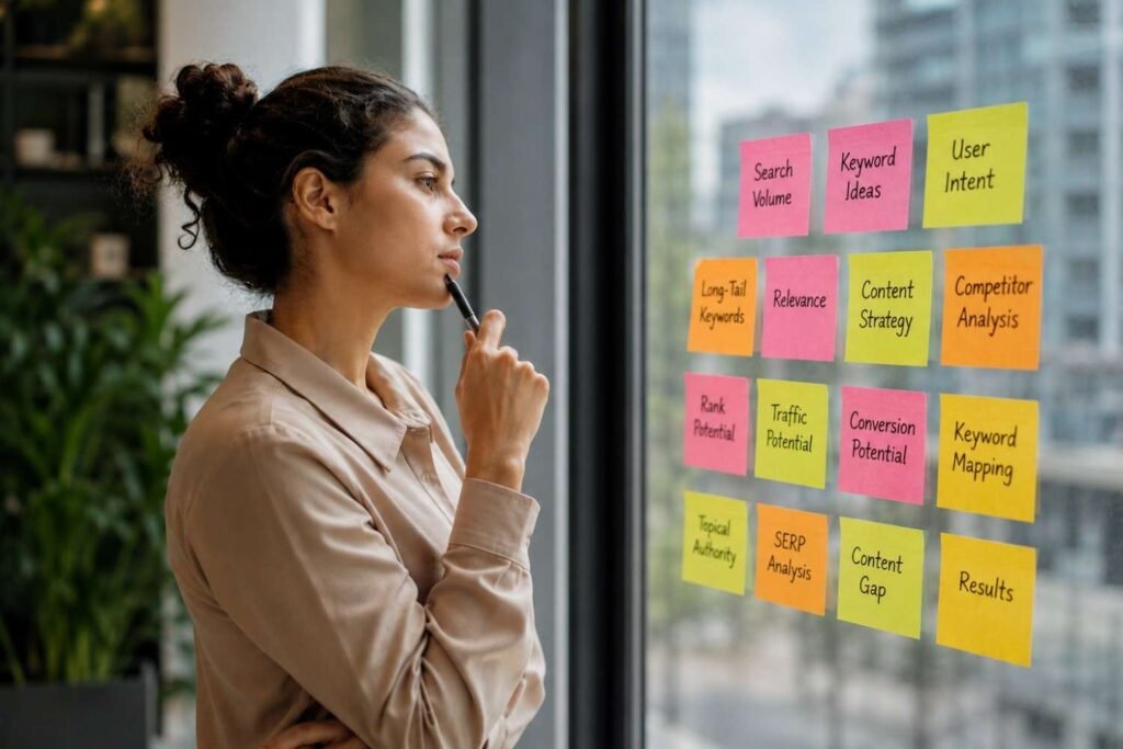 Contemplating keyword research strategy in a modern office