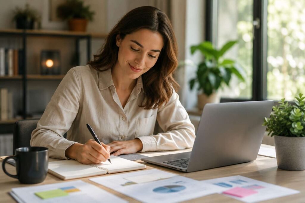Content creator analyzing reports and writing AI focused articles