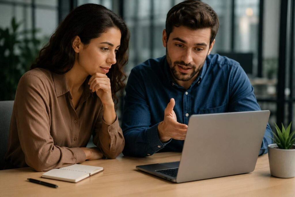 Marketing team discussing search optimization strategies on laptop