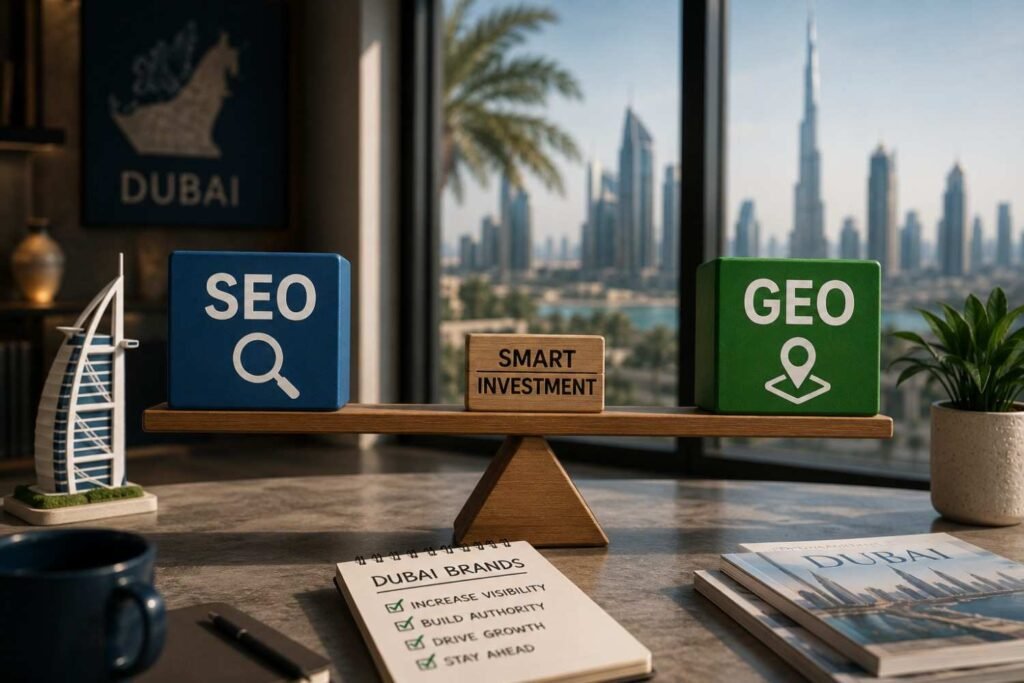 Business strategy concept with SEO and GEO balance in modern Dubai office