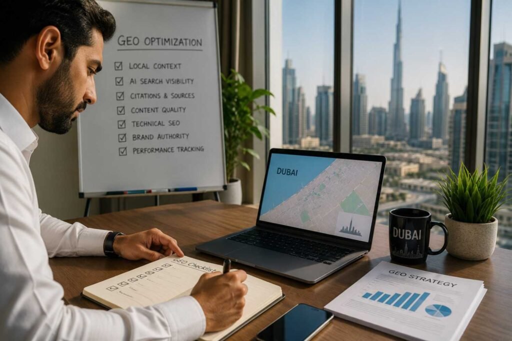 Business professional reviewing GEO optimization tasks and analytics reports