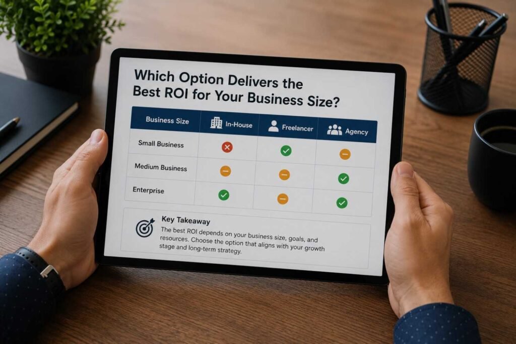 ROI comparison of SEO agency, freelancer, and in-house teams for different business sizes