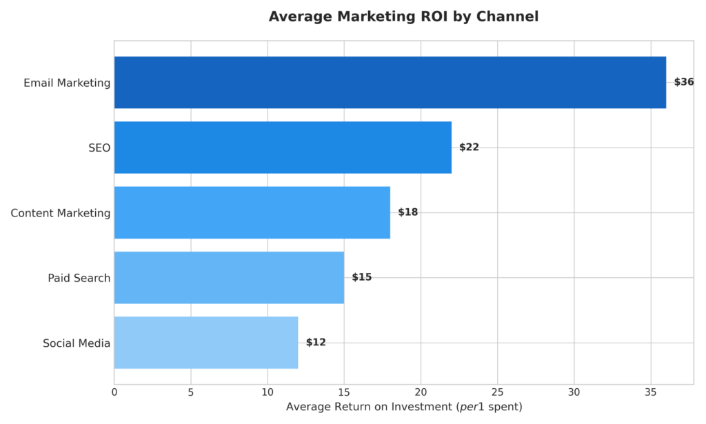 Average marketing ROI comparison across email, SEO and social media channels