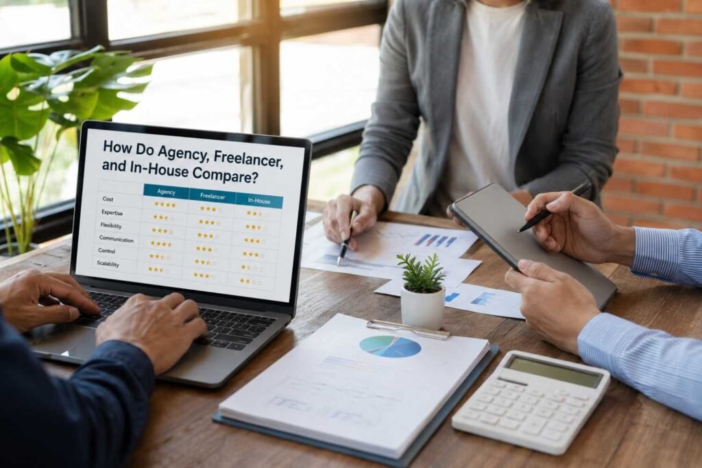 Side-by-side comparison of SEO agency, freelancer, and in-house marketing teams
