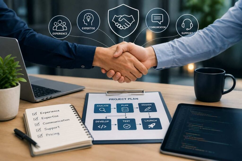 Business professionals shaking hands after agreeing on a mobile app development project