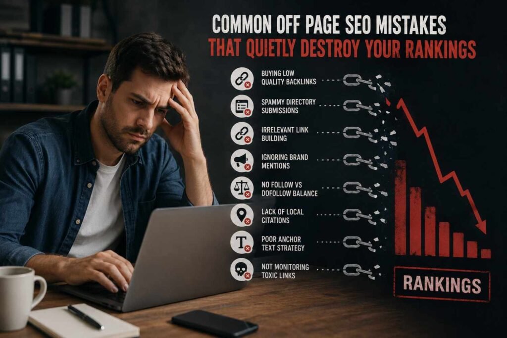 Concerned website owner working on a laptop while reviewing warning signals and declining performance charts, symbolizing common off page SEO mistakes that negatively affect search rankings.