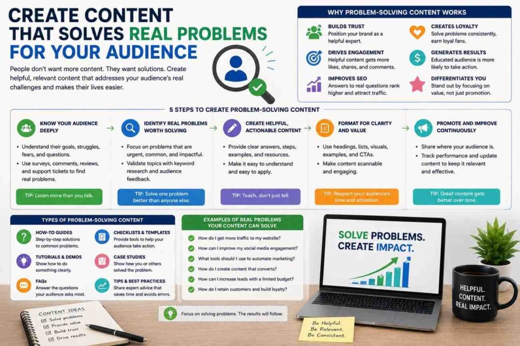 Infographic explaining how to create helpful content that solves audience problems and drives engagement