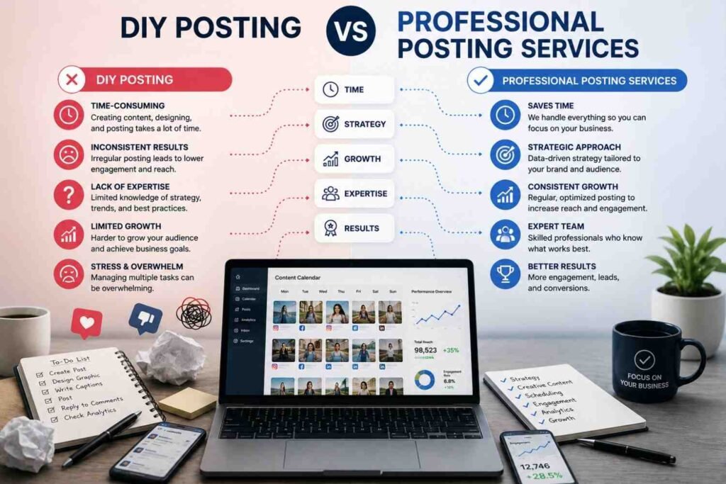 Comparison of DIY social media posting versus professional posting services for business growth