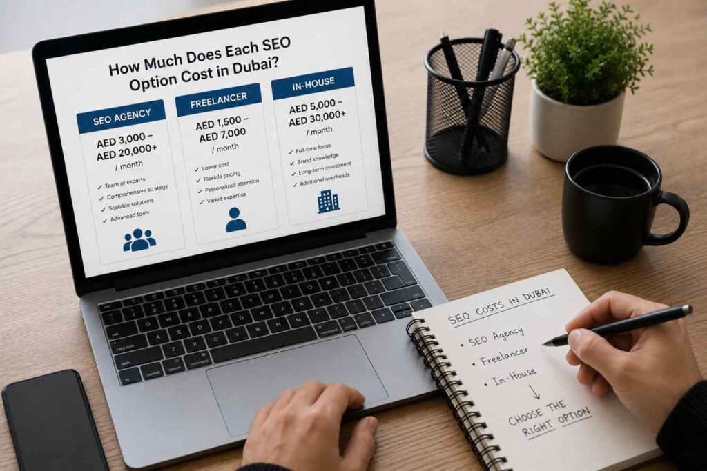 Cost comparison chart of SEO agencies, freelancers, and in-house SEO teams in Dubai