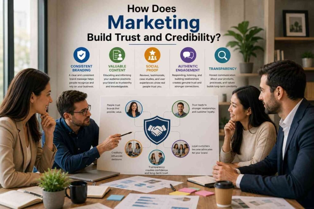 Business team discussing customer trust and brand credibility strategies
