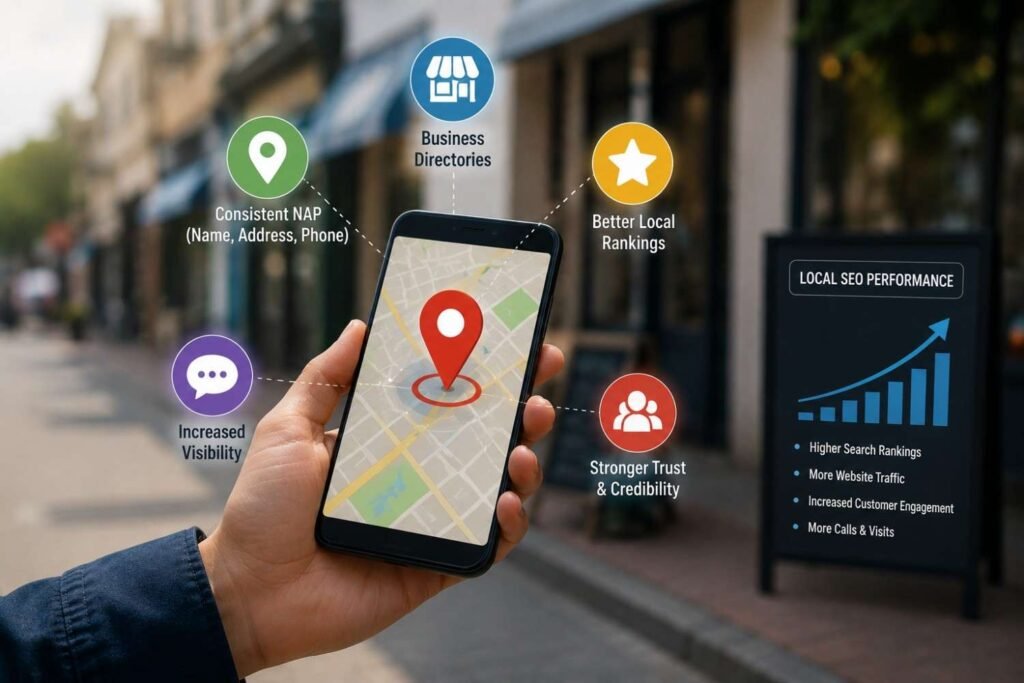 Close up of a smartphone displaying a map with location markers against a city background, illustrating how local citations and business listings improve local SEO visibility and rankings.