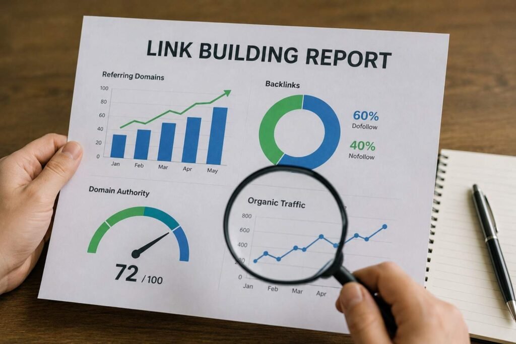 SEO dashboard tracking backlink growth, domain authority, and organic search performance