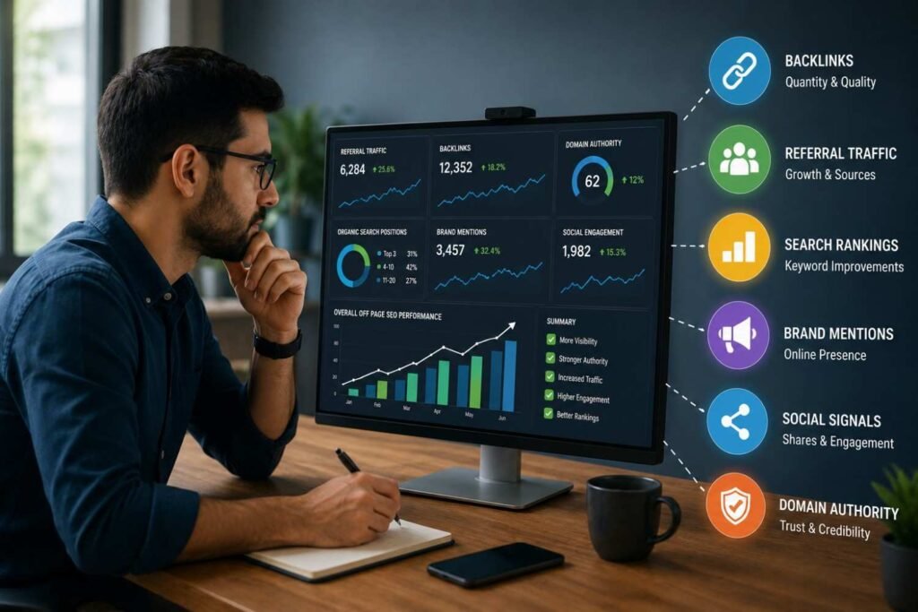 SEO analyst studying performance dashboards and growth charts on a desktop monitor, representing the measurement of backlinks, referral traffic, brand mentions, and search rankings.