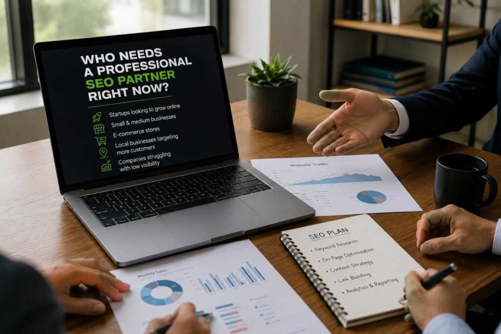 Business owner discussing digital growth strategies with a professional SEO partner