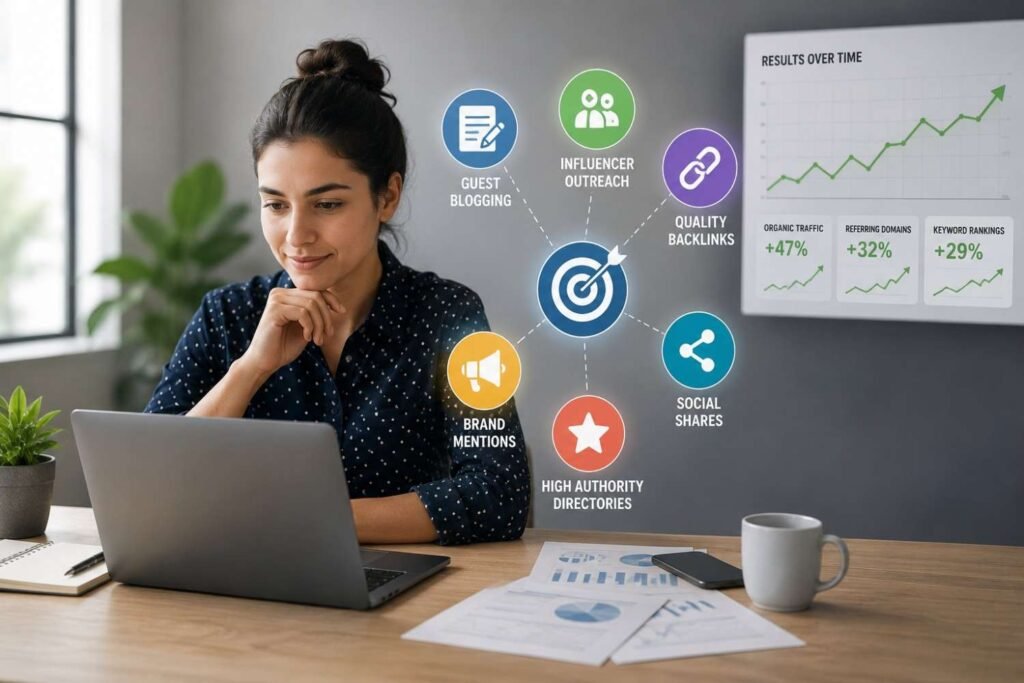 Digital marketer reviewing off page SEO performance metrics and growth analytics on a laptop in a bright workspace, symbolizing measurable results from link building and brand visibility efforts.