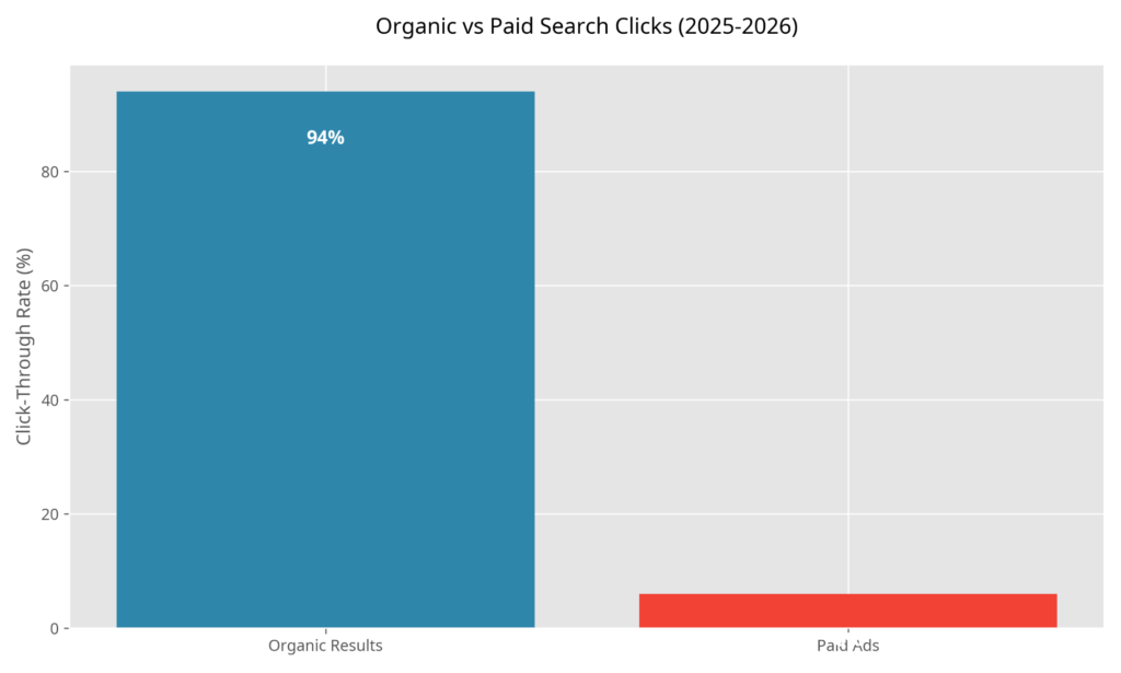 Organic search generates significantly more clicks than ads