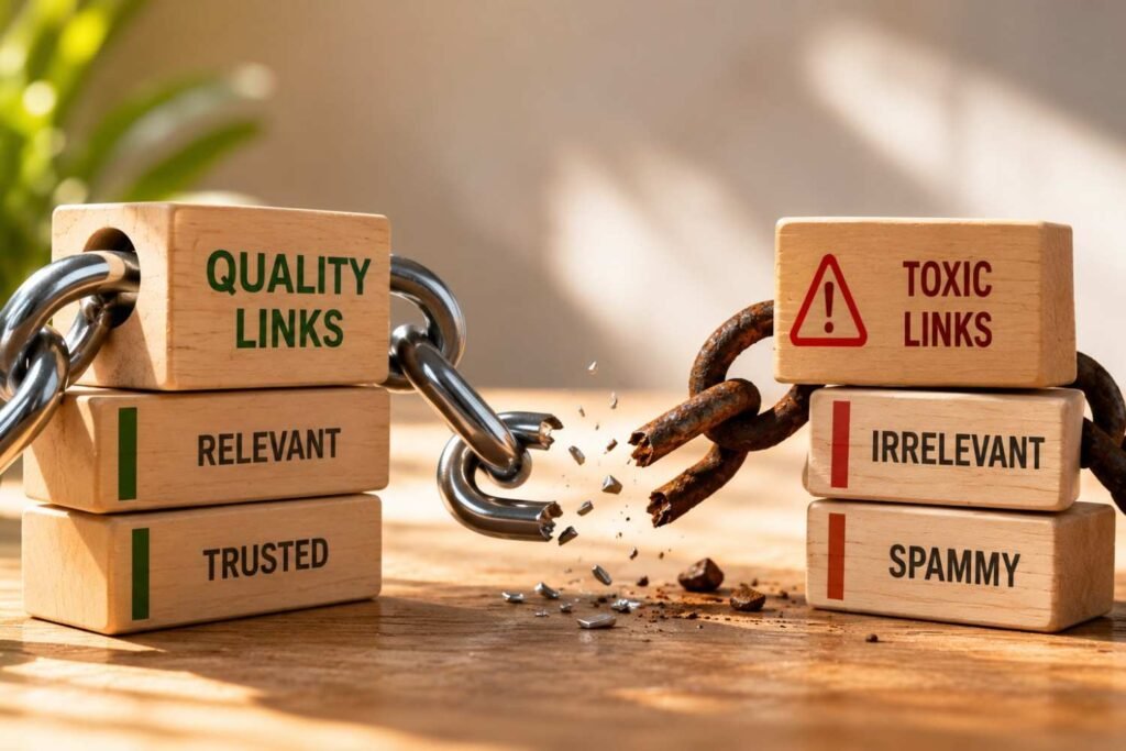 Comparison of high-authority backlinks versus harmful low-quality links affecting SEO performance