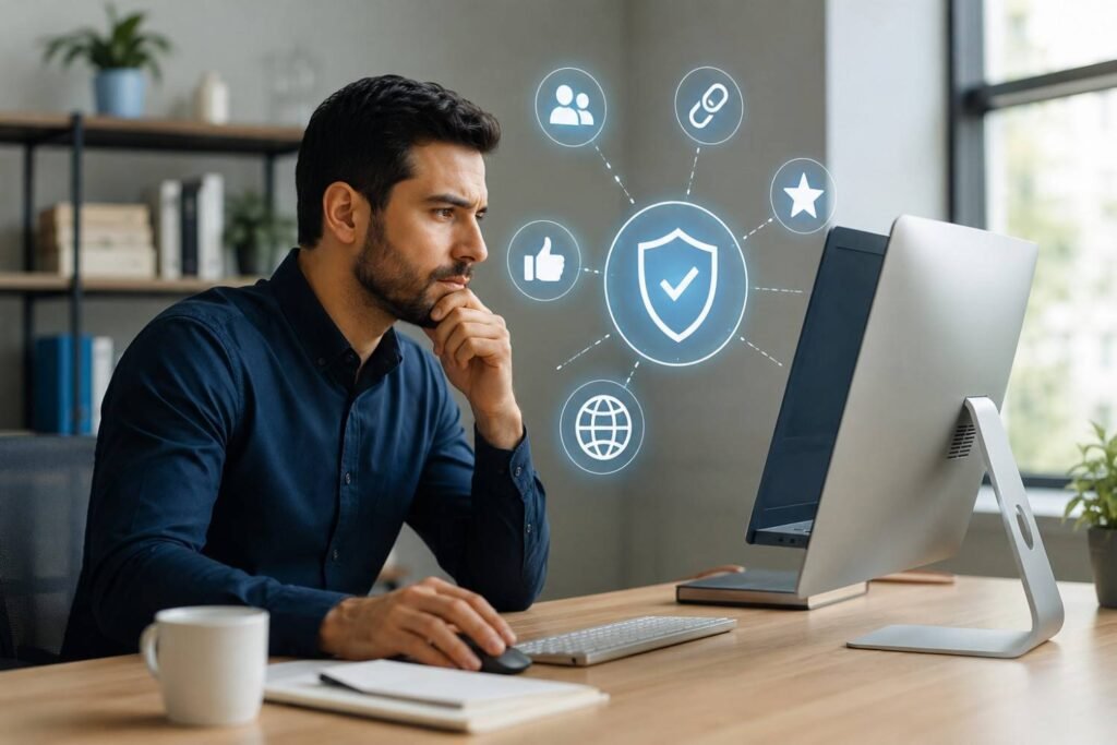 Professional SEO specialist analyzing website trust and authority signals with connected digital icons representing backlinks, brand mentions, social engagement, and online reputation in a modern office.