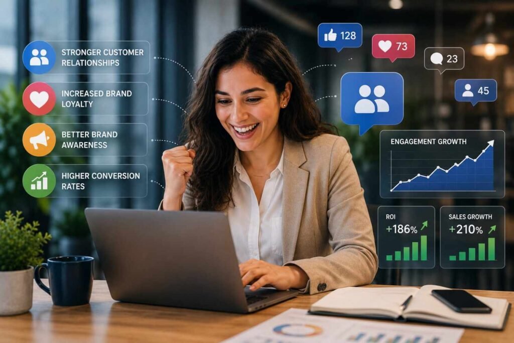 Business professional tracking social media marketing performance and customer engagement growth