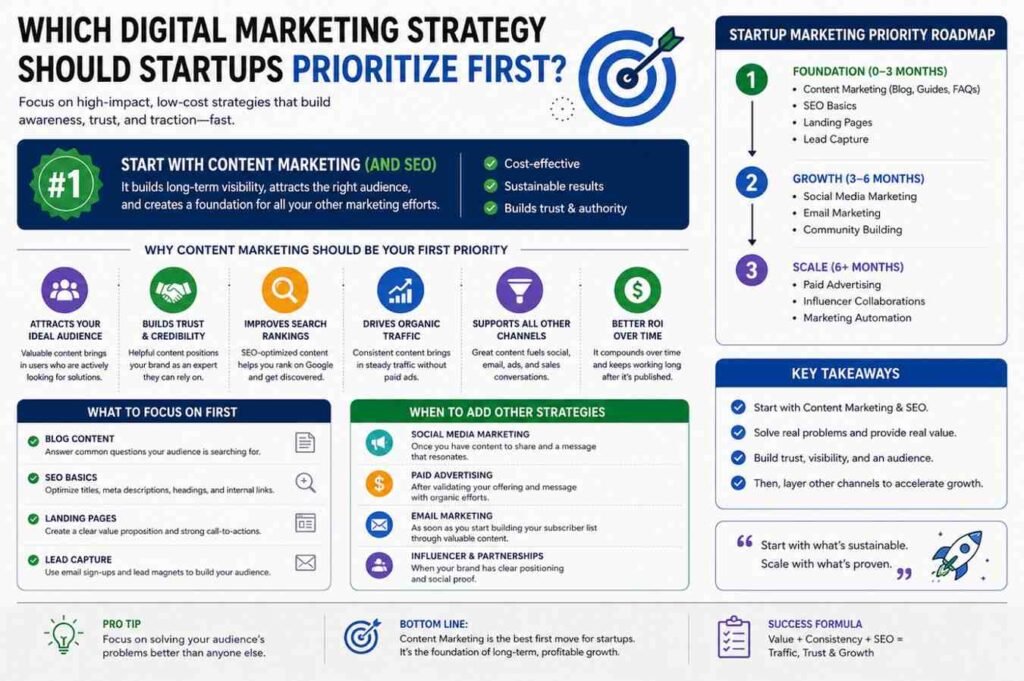 Infographic showing which digital marketing strategies startups should prioritize for sustainable business growth