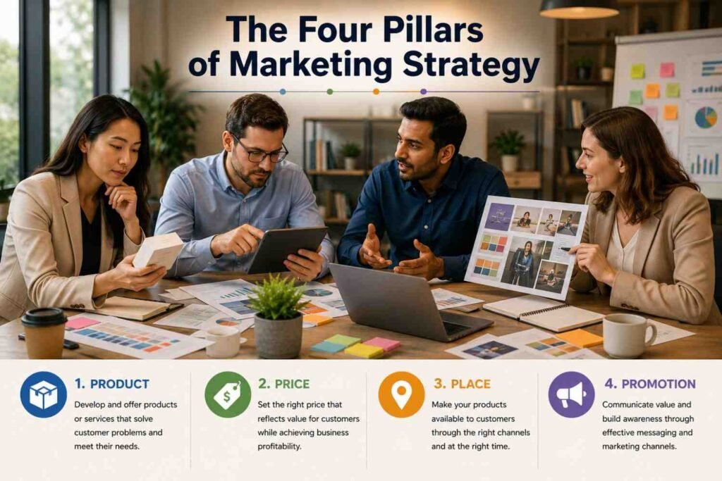 Marketing team collaborating on product, pricing, distribution and promotion planning