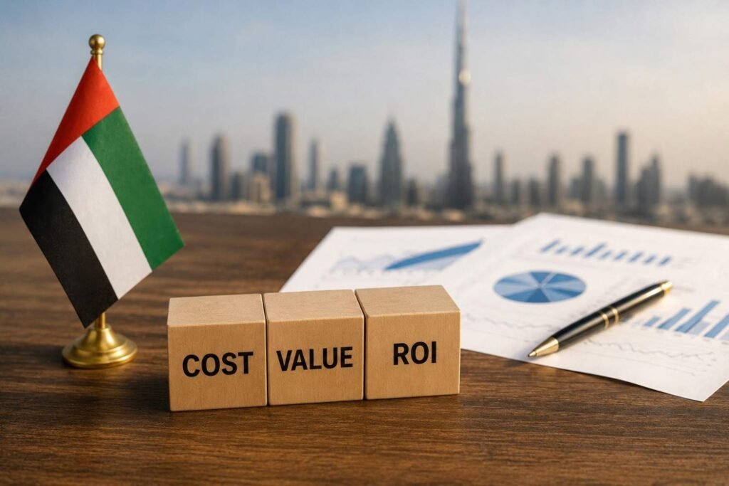 SEO professional analyzing link building service costs and return on investment in the UAE