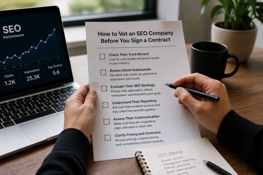 Business professional reviewing an SEO company's credentials and service agreement