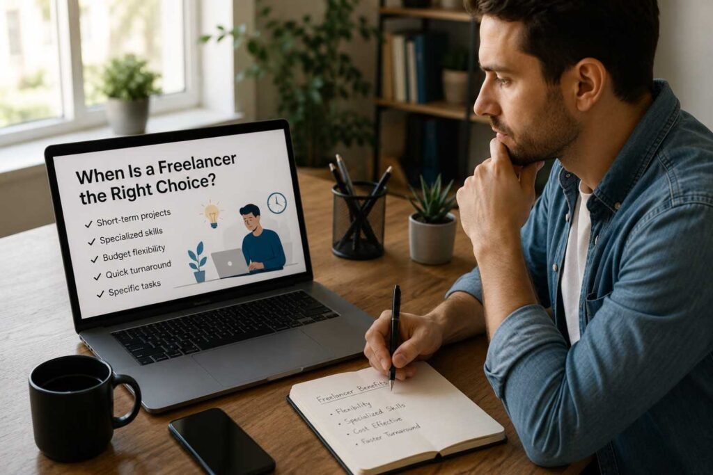 Business owner evaluating whether to hire an SEO freelancer for digital marketing