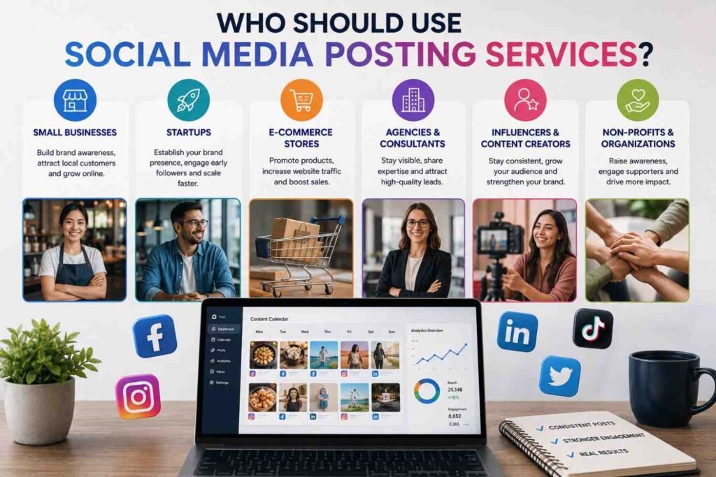 Infographic showing businesses and professionals who benefit from social media posting services
