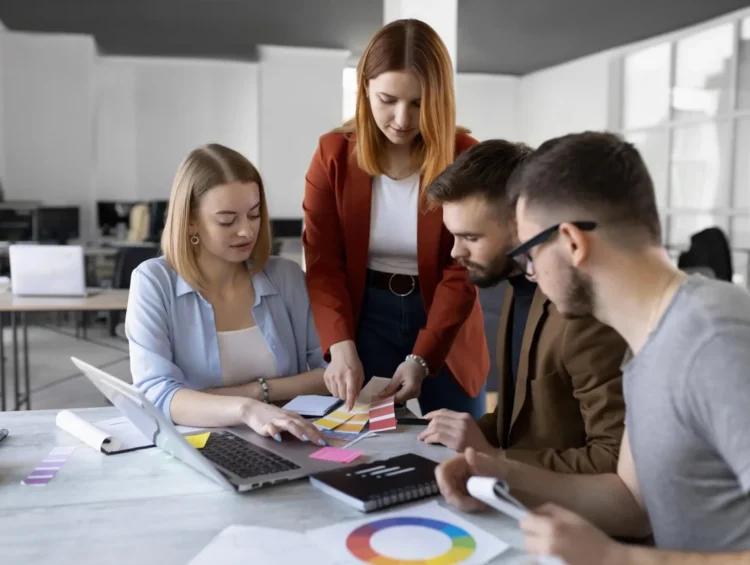 Creative business team collaborating on project planning in modern office