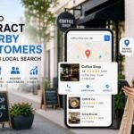 Smartphone showing local business search results with a woman using mobile search to find nearby coffee shops and local services.