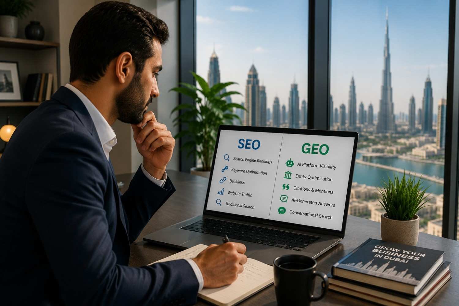 Digital marketer comparing SEO and GEO strategies in Dubai workspace